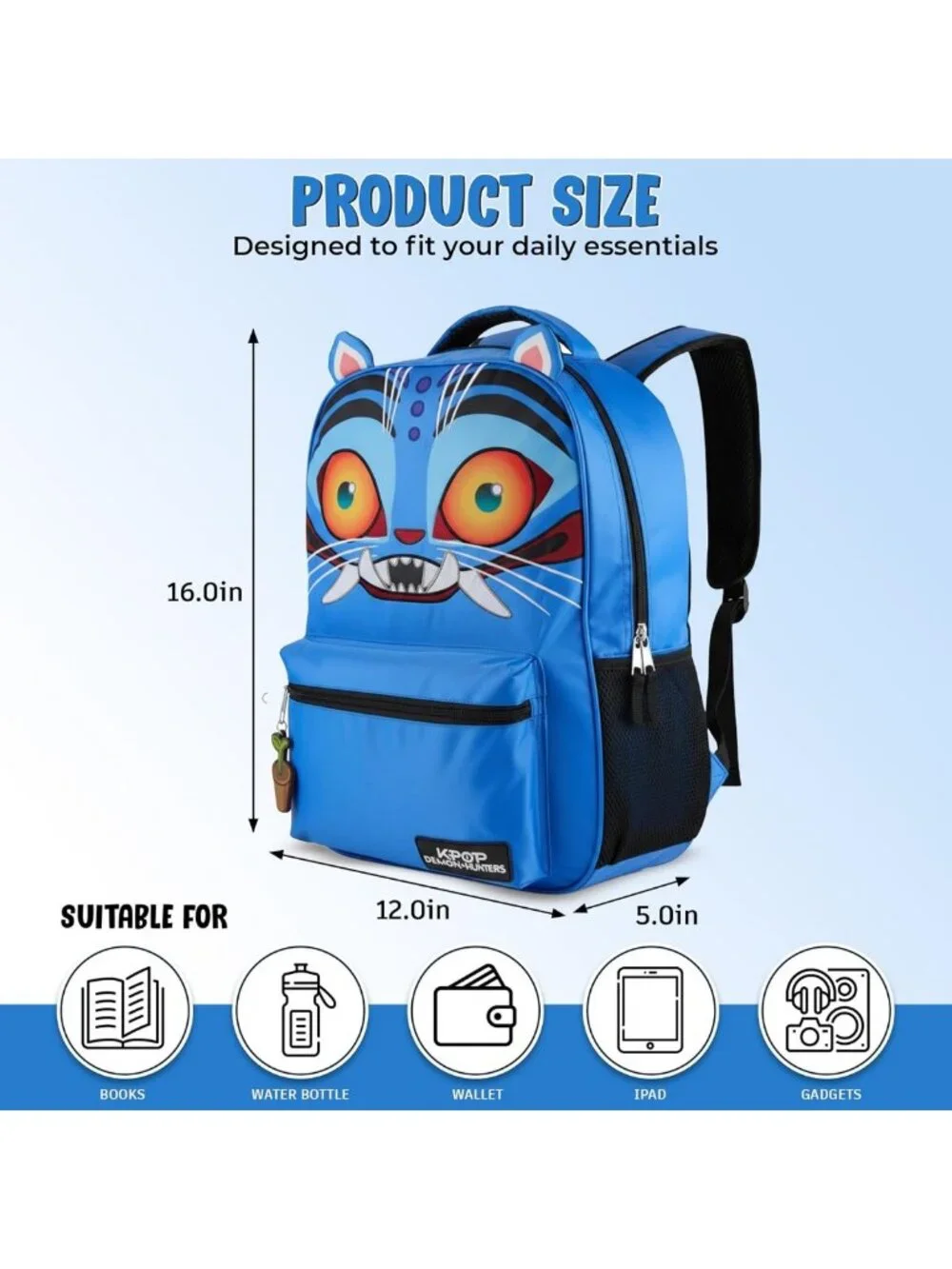 K-Pop Demon Hunters 16” Girls' Backpack with 3D Ears, Embroidery & Bag Charm
